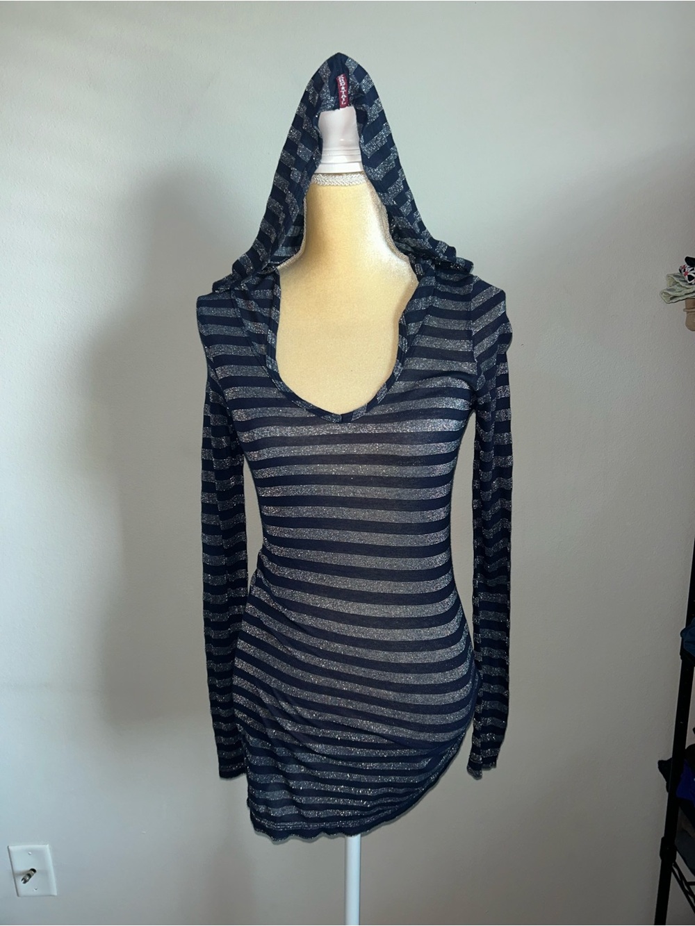 NEW Hard Tail Navy & Silver Hooded Striped Knit Tunic Sz XS